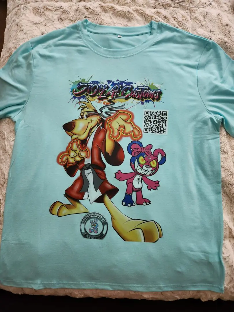 A t-shirt with an image of a cartoon character.