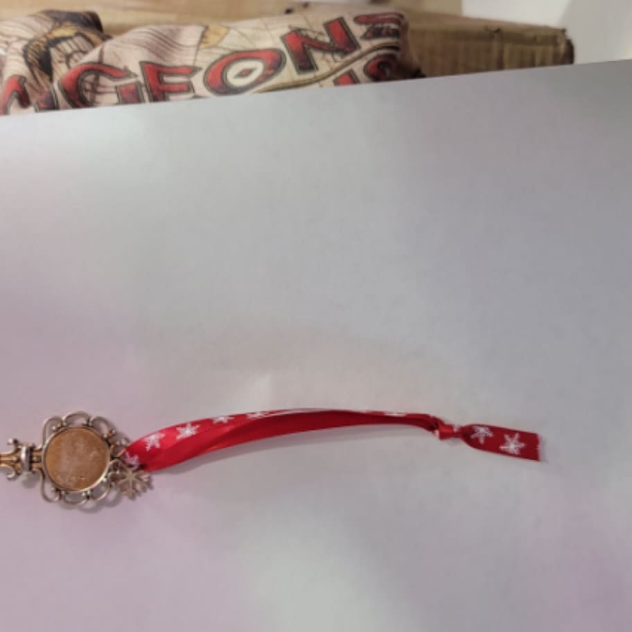 A red ribbon with a gold flower charm on it.